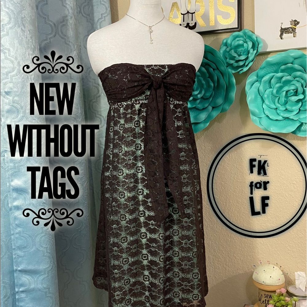 NWOT FK for LF Strapless Black Lace Overlay on blue
Size S